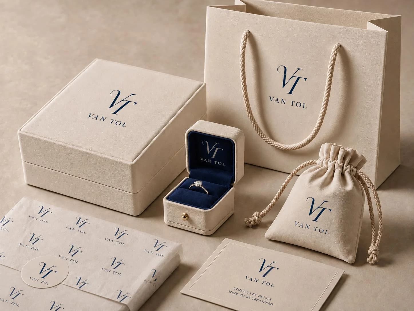 Markenverpackung: cremefarbene Schatullen, Tragetasche, Samtbeutel und Karten mit marineblauem Monogramm; im geöffneten Ringetui mit dunkelblauem Samt ein Solitärring.