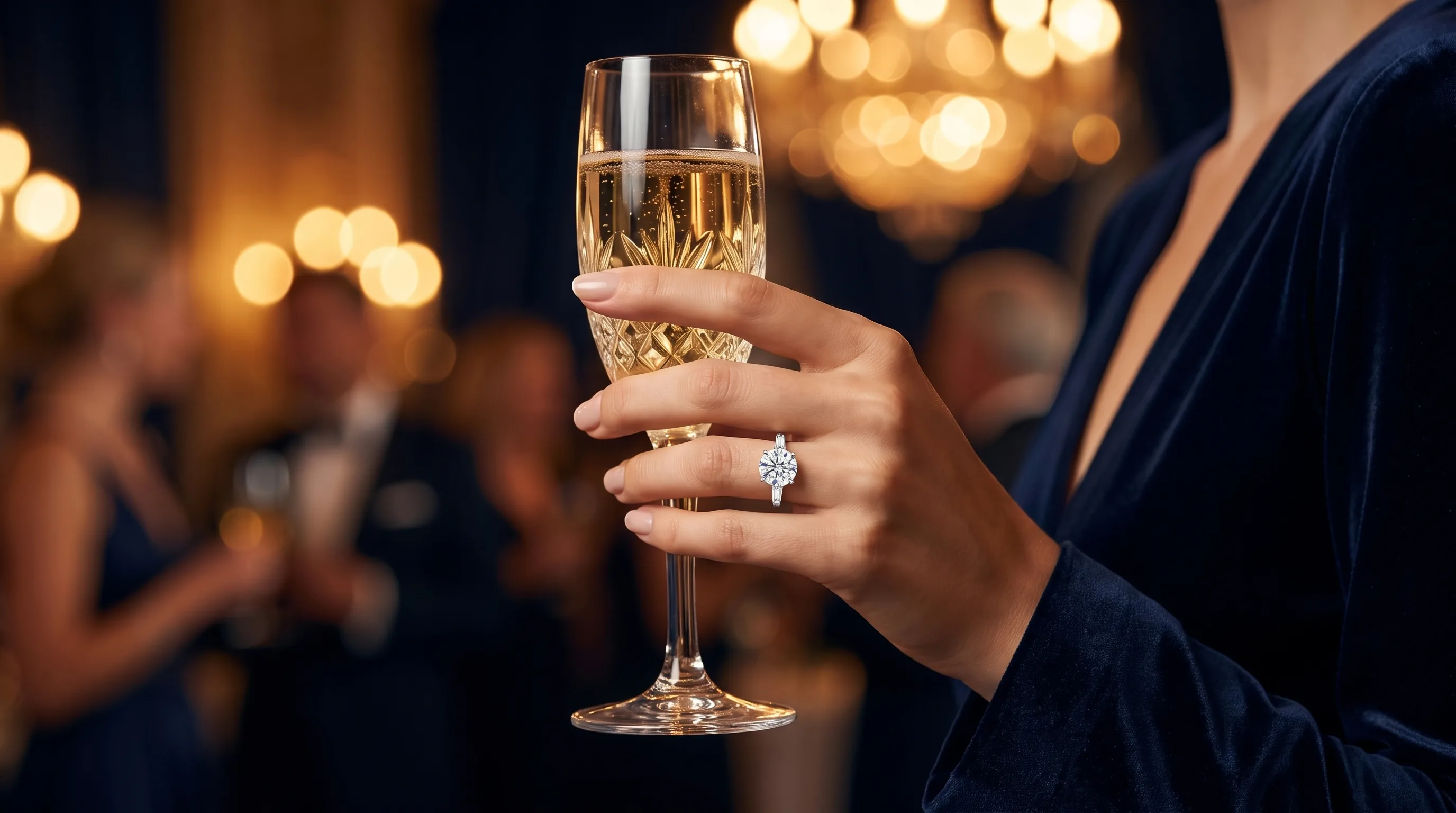 Eine Hand mit Verlobungsring hält ein Champagnerglas bei einem Empfang