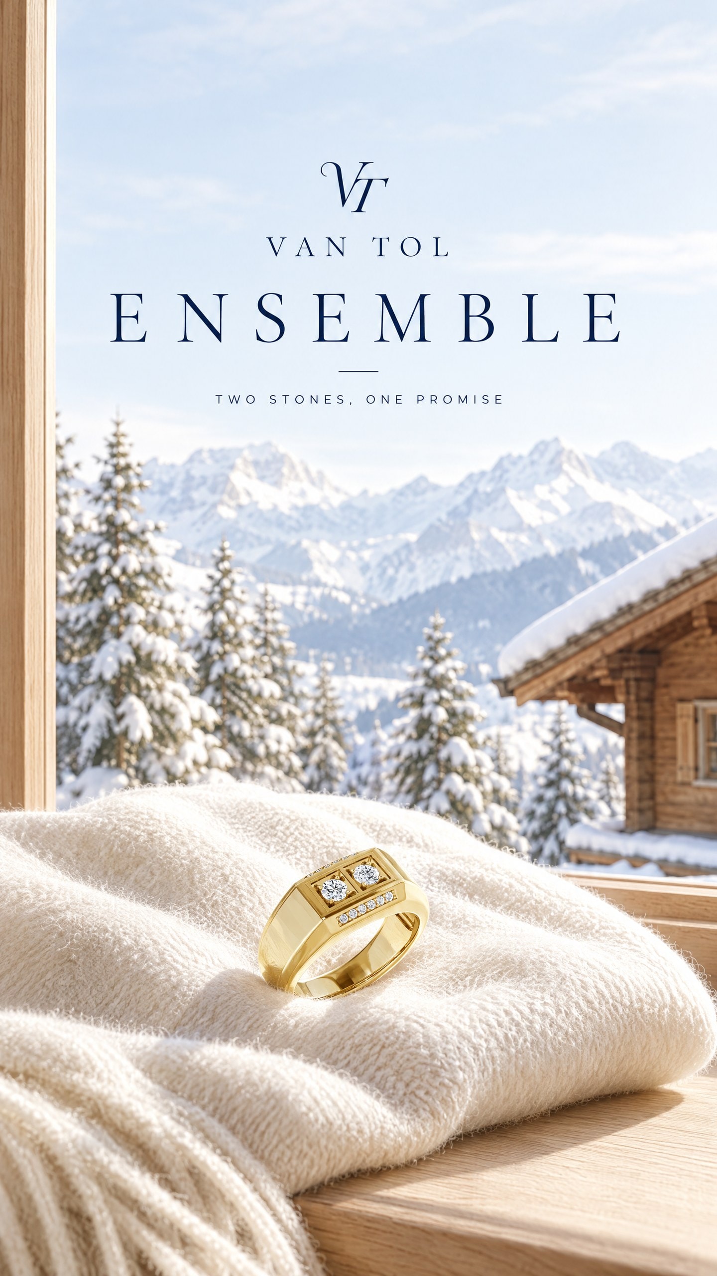 Ein Toi-et-Moi-Ring auf Kaschmir an einem Chaletfenster im Schnee