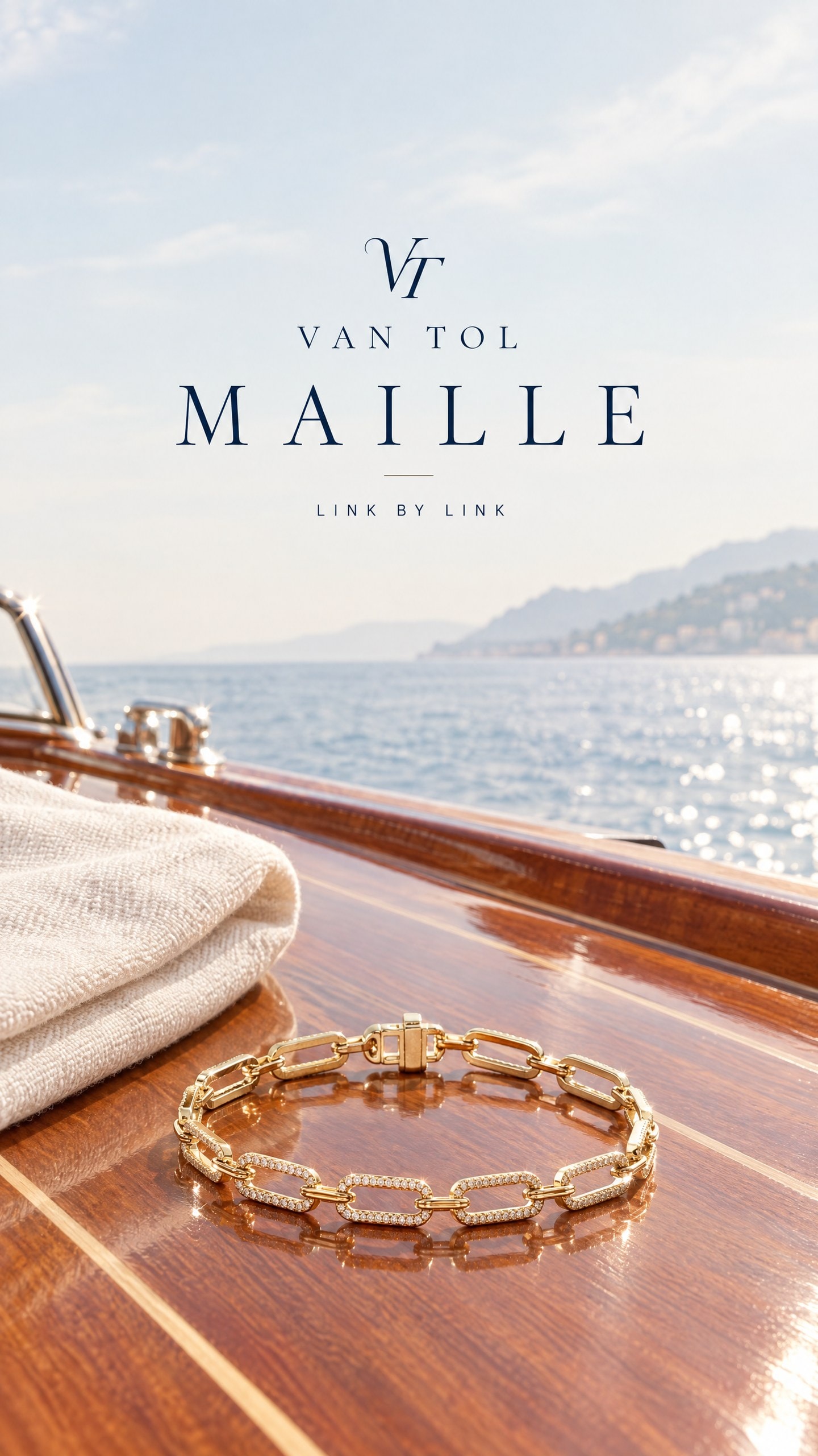 Ein Gliederarmband aus Gold auf dem Mahagonideck einer Yacht