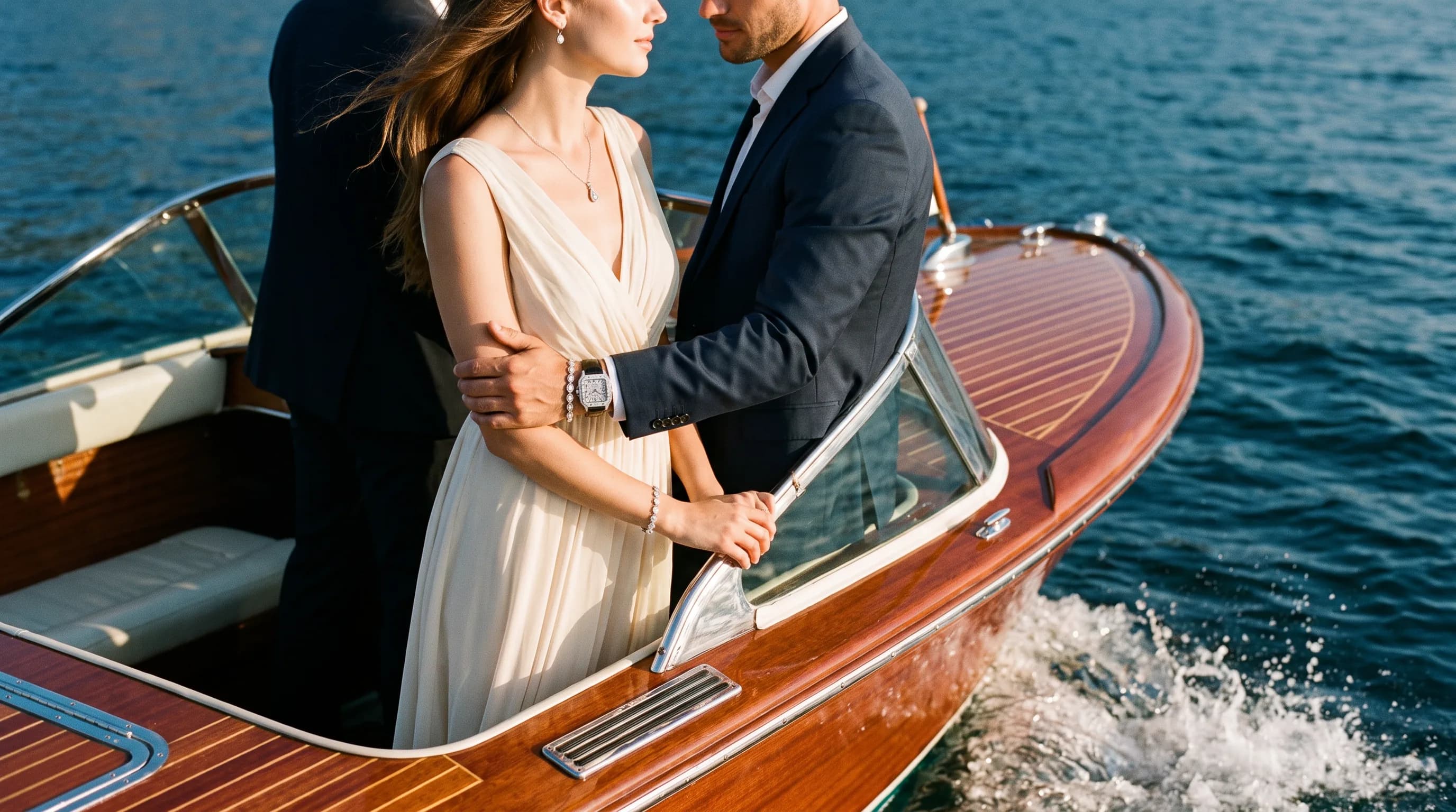 Ein Paar auf einem fahrenden Mahagoni-Boot — er im Anzug mit Automatikuhr und Armband, sie im Abendkleid mit Kette und Ohrringen
